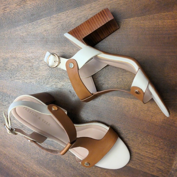 Preston & York “Faye” Leather Block Heel Sandals Tan White Slingback Size 9M NWO - Picture 6 of 12